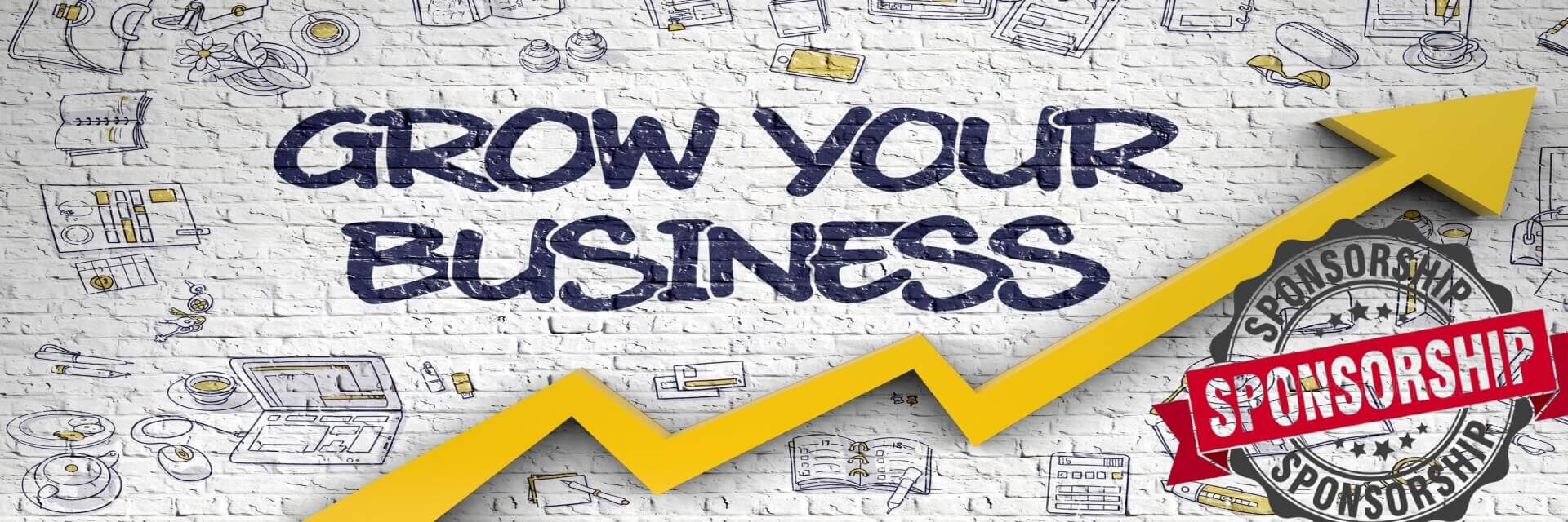 image with the words grow your business with a yellow upward trending arrow